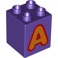 Lego Duplo Brick 2 x 2 x 2 with Orange 'A' Print / Dark Purple