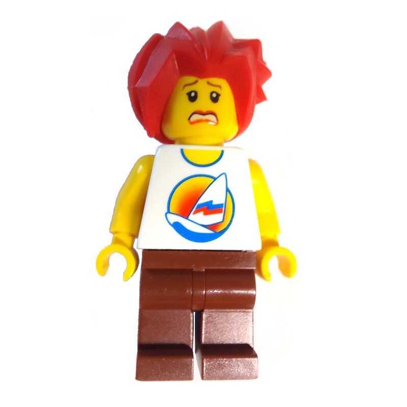 Lego White Torso with Surfboard, Reddish Brown Legs, Red Hair
