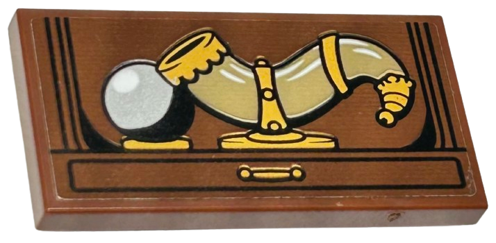 Lego Tile, Modified 2 x 4 Inverted with Dark Tan and Gold Horn, Crystal Ball and Drawer with Handle Pattern (Sticker) - Set 76410
