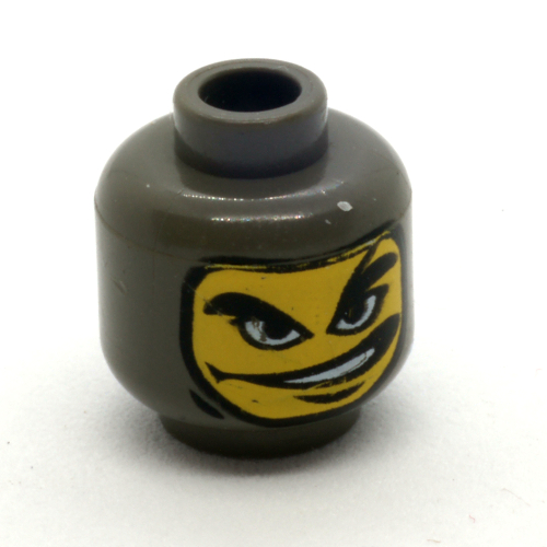Lego Minifig Head, Balaclava with Yellow Face, Right Eyebrow Arched, Mouth Open to Side Print [Blocked Open Stud] / Dark Gray