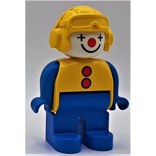Lego Duplo Figure, Early, Aviator Hat Yellow, Blue Legs, 2 Buttons, Blue Arms, Clown Face Paint / Yellow