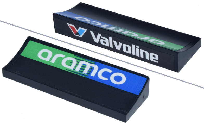 Lego Arch 6 x 2 x 5/6 Inverted with White 'Valvoline' and Logo and 'aramco' on Bright Green and Blue Background Pattern (Stickers) - Set 77245