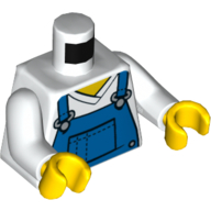 Lego Torso V-Neck Shirt with Blue Overalls, Dotted Horizontal Line on Front Pocket Print, White Arms, Yellow Hands / White
