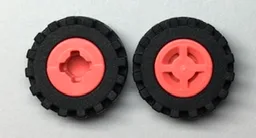 Wheel 8mm D. x 6mm with Slot with Black Tire 15mm D. x 6mm Offset Tread Small - Band Around Center of Tread (34337 / 87414) / Coral