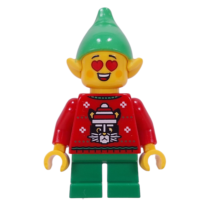 Lego Elf - Red, Green Legs, Bright Green Hat, Hearts for Eyes
