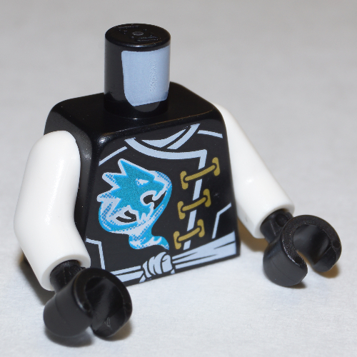 Lego Torso Robe with Gold Clasps, Power Symbol, and Knotted White Sash / Sash and Emblem in Circle with Wings on Back Print (Zane), White Arms, Black Hands / Black