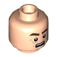 Minifig Head Victor, Brown Thick Eyebrows, Lines under Eyes, Cheek Lines and Open Mouth with Teeth Print [Hollow Stud] / Light Nougat