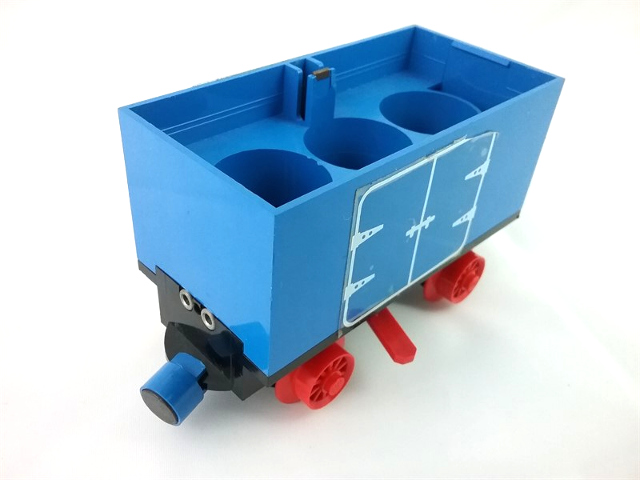 Lego Train Battery Box Car with Three Contact Holes, Red Switch Lever, Blue and Red Magnets, and Red Wheels with Hinged Doors Pattern on Both Sides (Stickers) - Set 7720