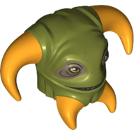 Lego Minifig Head Special Boolio, 4 Bright Orange Horns, Dark Tan Eyes print / Olive Green