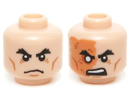 Minifig Head Shredder, Bushy Eyebrows, Cheek Lines, Scowl / Right Side of Face Discolored and Scarred Print