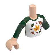 Lego Minidoll Torso with Left Limb Reduction, Light Nougat Arms and Hand with White Shirt, Dark Green Sleeves, Leaves print / Dark Green