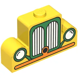 Brick Curved 1 x 4 x 2 Centre Stud Top with Orange and Green Car Grill Print / Yellow