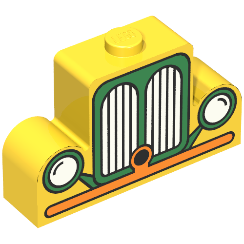 Lego Brick Curved 1 x 4 x 2 Centre Stud Top with Orange and Green Car Grill Print / Yellow
