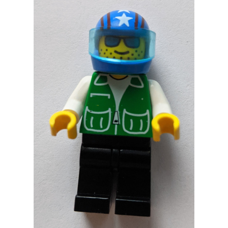 Lego Pilot, Green Jacket, Black Legs, Blue Helmet with Stars and Visor, Blue Sunglasses