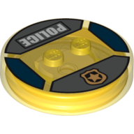 Lego Function Brick Round 4 x 4 x 2/3 with 2 Studs and Gold Police Badge and 'POLICE' Print / Trans-Yellow