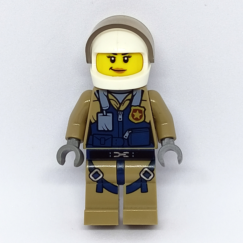 Lego Policewoman, Dark Blue Vest over Dark Tan Jacket with Zipper and Badge, White Helmet with Visor