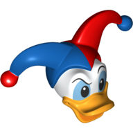 Lego Minifig Head Special, Duck with Red and Blue Jester Hat Print (Donald) / White