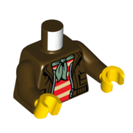 Lego Torso Jacket, Open over Red and White Striped Shirt, Green Neckerchief / Shark and Clouds Print, Dark Brown Arms, Yellow Hands / Dark Brown