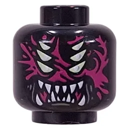 Minifig Head Arika, 6 Yellowish Green Eyes, Magenta Patterns, White Sharp Teeth/Fangs Print / Black