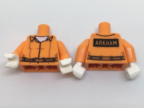 Lego Torso Prisoner Jumpsuit with Dark Orange Belt over White Shirt, 'ARKHAM' on Black Rectangle on Back Pattern / Orange Arms / White Hands