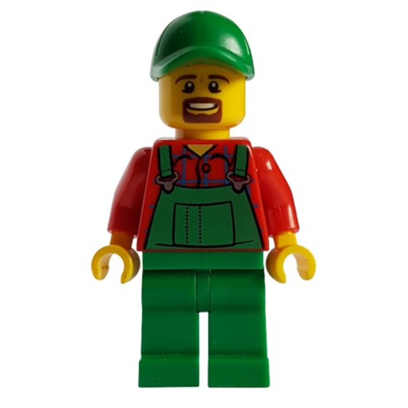 Lego Man, Green Overalls over Red Shirt, Green Cap, Goatee Beard