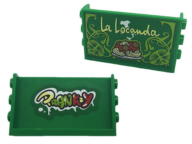 Lego Panel 1 x 6 x 3 with Studs on Sides with Script 'La Locanda', Spaghetti and Meat Balls on Outside / 'PRANKZY' on Inside Pattern (Stickers) - Set 41379
