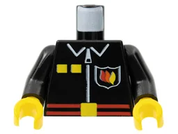 Torso Fire Uniform Shirt with Flame Badge Logo, Yellow Squares, and White Zipper, Red Belt with Buckle Pattern / Black Arms / Yellow Hands
