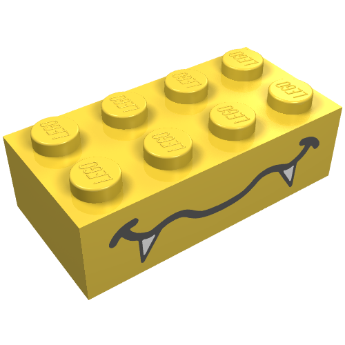 Lego Brick 2 x 4 with Wavy Mouth and Fangs Print / Yellow