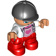 Lego Duplo Figure Child with Riding Helmet Black, with White Top over Pink Shirt with Heart - Red Legs / White