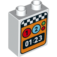Lego Duplo Brick 1 x 2 x 2 with Bottom Tube - Finish Line, 1, 2 and Timer Print / White