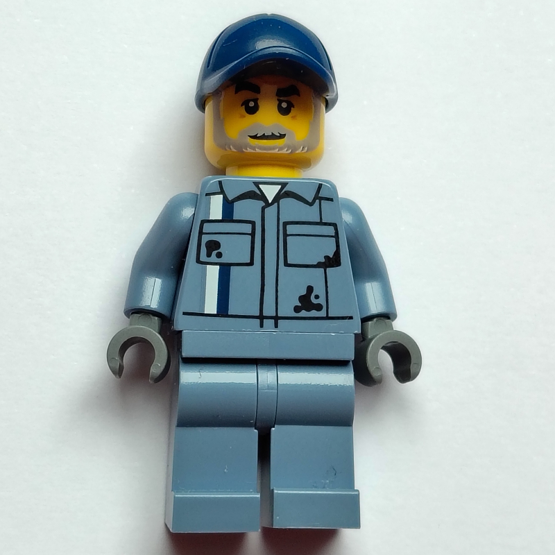 Lego Scrapyard Worker, Sand Blue Overall, Dark Blue Cap