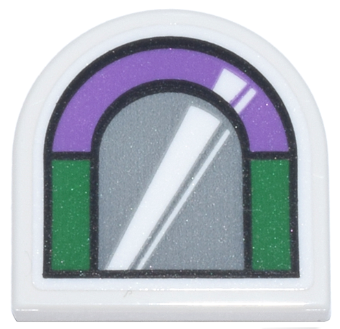 Lego Tile, Round 2 x 2 Half Circle Extended with Black, Green, and Medium Lavender Window Frame with Silver Window and White Reflection Pattern (Sticker) - Set 76437