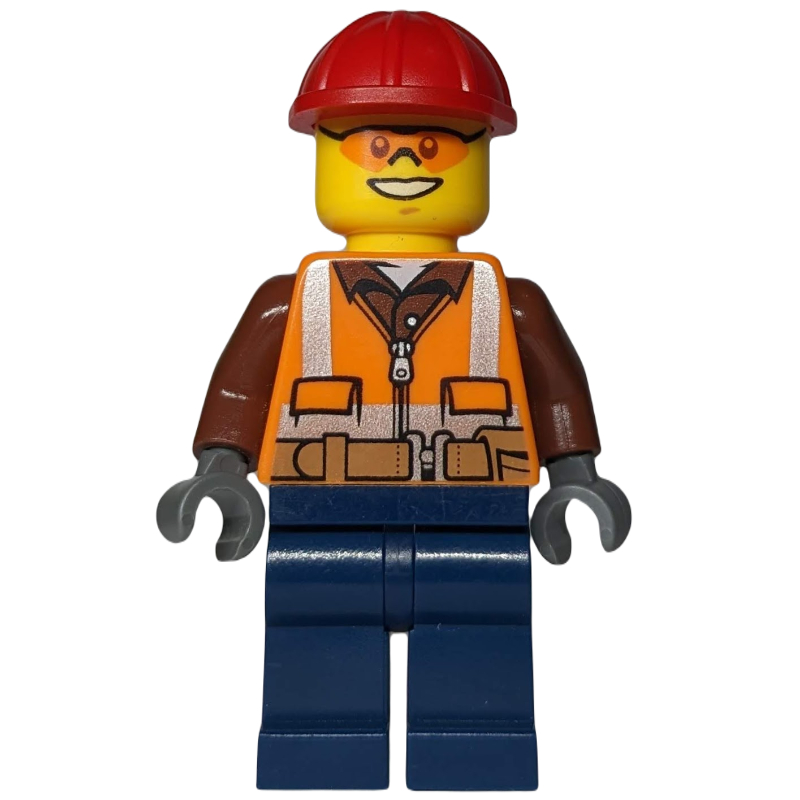 Lego Construction Worker, Orange Safety Vest with Zipper over Reddish Brown Shirt, Dark Blue Legs, Red Hard Hat, Orange Safety Glasses
