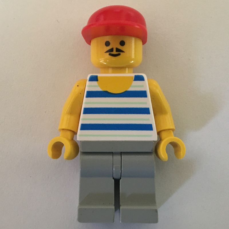 Lego Man, Blue and White Striped Tank Top, Light Gray Legs, Red Cap, Moustache