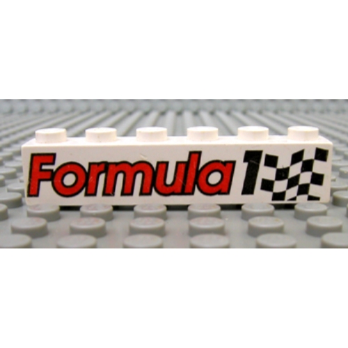 Lego Brick 1 x 6 with 'Formula 1' and Chequered Flag Print / White
