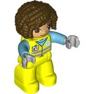 Duplo Figure with Curly Hair Dark Brown, Vibrant Yellow Safety Suit with ID Badge and Recycling Symbol Print / Vibrant Yellow