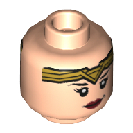 Lego Minifig Head Wonder Woman, Dual Sided, Gold Tiara and Red Lips, Lopsided Smile / Clenched Teeth Print [Hollow Stud] / Light Nougat