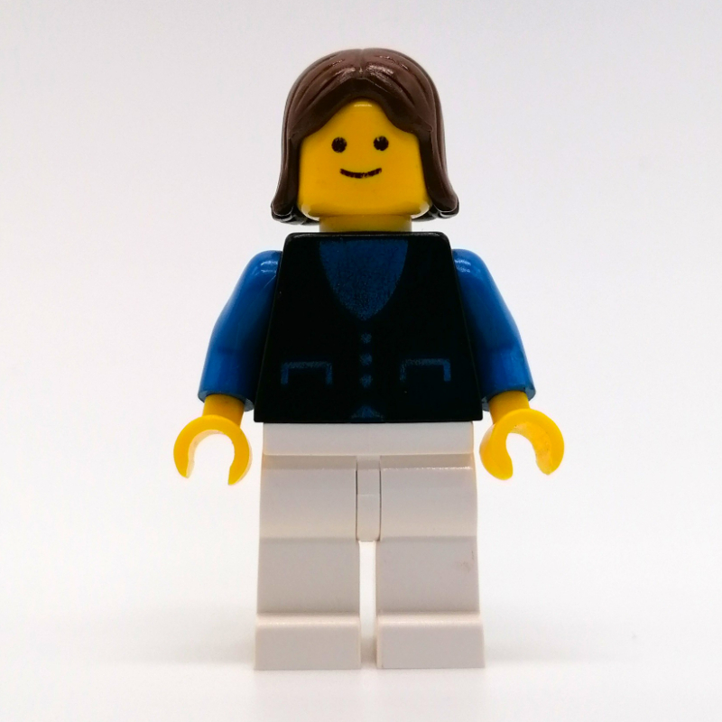 Lego Woman, Black Vest over Blue Top, White Legs, Brown Hair