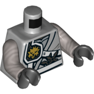 Lego Torso Shoulder Protection with White Straps and Gold Lion Emblem over Robes, Shurikens in Belt Print, Flat Silver Arms, Black Hands / Light Bluish Gray