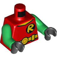 Lego Torso Shirt with Yellow 'R' Symbol and Yellow Belt with Round Buckle Print (Robin), Green Arms, Black Hands / Red