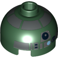 Lego Brick Round 2 x 2 Dome Top, Blocked Open Stud, Bottom Axle Holder with Pearl Dark Gray Astromech Droid Print (R4-P44) / Dark Green