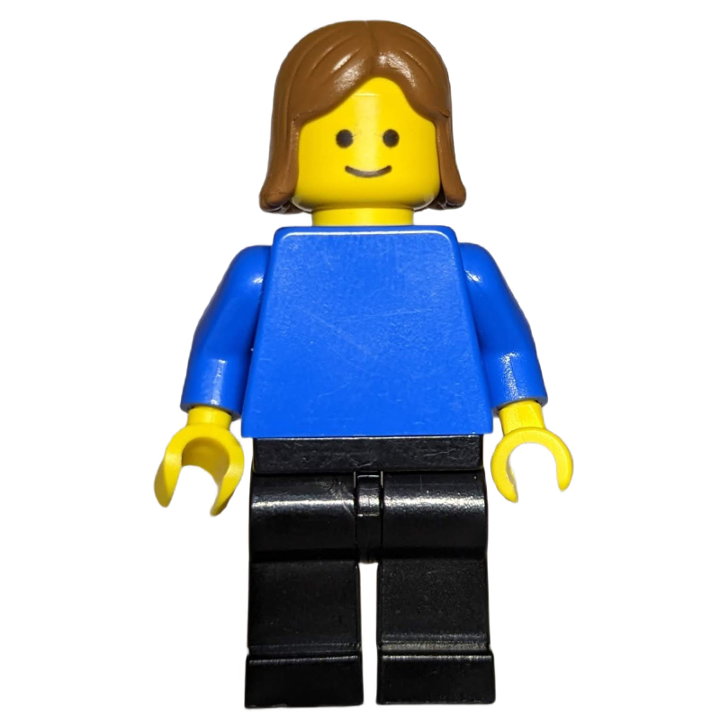 Lego Woman, Blue Torso, Black Legs, Medium Brown Hair