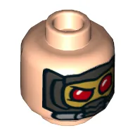 Minifig Head Star-Lord (Peter Quill), Eyebrows, Sideburns, Open Mouth Smile / Mask with Red Eyes Print / Light Nougat