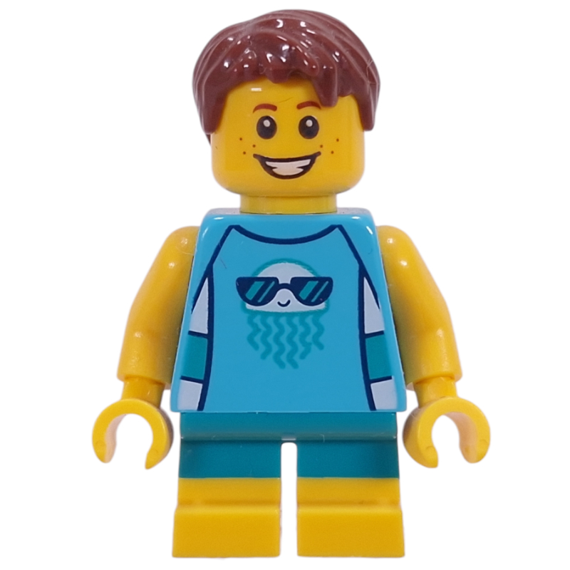 Lego Kid - Medium Azure Torso, Dark Turquoise/Yellow Legs, Reddish Brown Hair