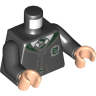 Lego Torso Robe Clasped with Dark Green Trim and Slytherin Crest over Sweater, Dark Green Striped Tie Print, Black Arms, Light Nougat Hands / Black