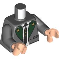 Lego Torso, Jacket, Green Collar, Gold Buttons, White Shirt, Dark Green Tie, Crumbs print, Dark Bluish Gray Arms, Light Nougat Hands / Dark Bluish Gray