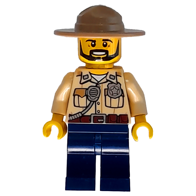 Lego Swamp Police / Ranger, Tan Shirt with Badge and Radio, Dark Blue Legs, Dark Tan Campaign Hat, Beard