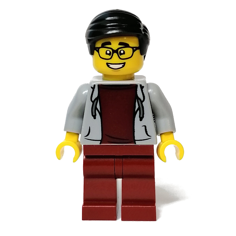 Lego Light Bluish Gray Torso, Dark Red Legs, Black Hair