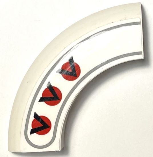 Lego Brick, Round Corner 5 x 5 x 1 without Studs with 3 Black Chevrons / V-Shapes on Red Circles and Dark Bluish Gray Border Pattern Model Right Side (Sticker) - Set 75327