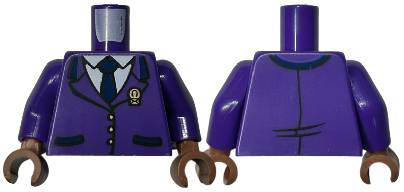 Lego Torso Jacket Closed with Gold Envelope Badge and Buttons over White Shirt and Dark Blue Tie Pattern / Dark Purple Arms / Medium Brown Hands